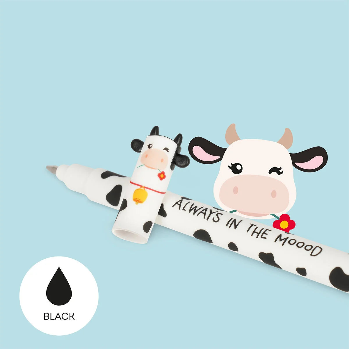 Legami erasable pen with cow design and text 'Always in the mooood' on a light blue background