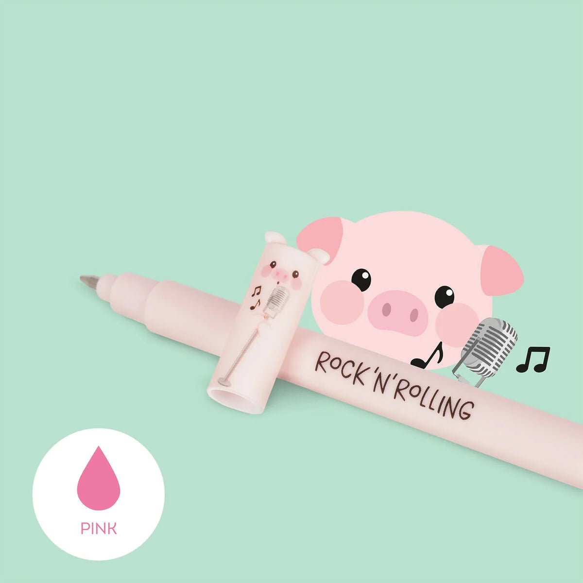 Legami erasable pen with a pig design and 'Rock'n'Rolling' text on a light green background