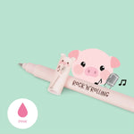 Legami erasable pen with a pig design and 'Rock'n'Rolling' text on a light green background