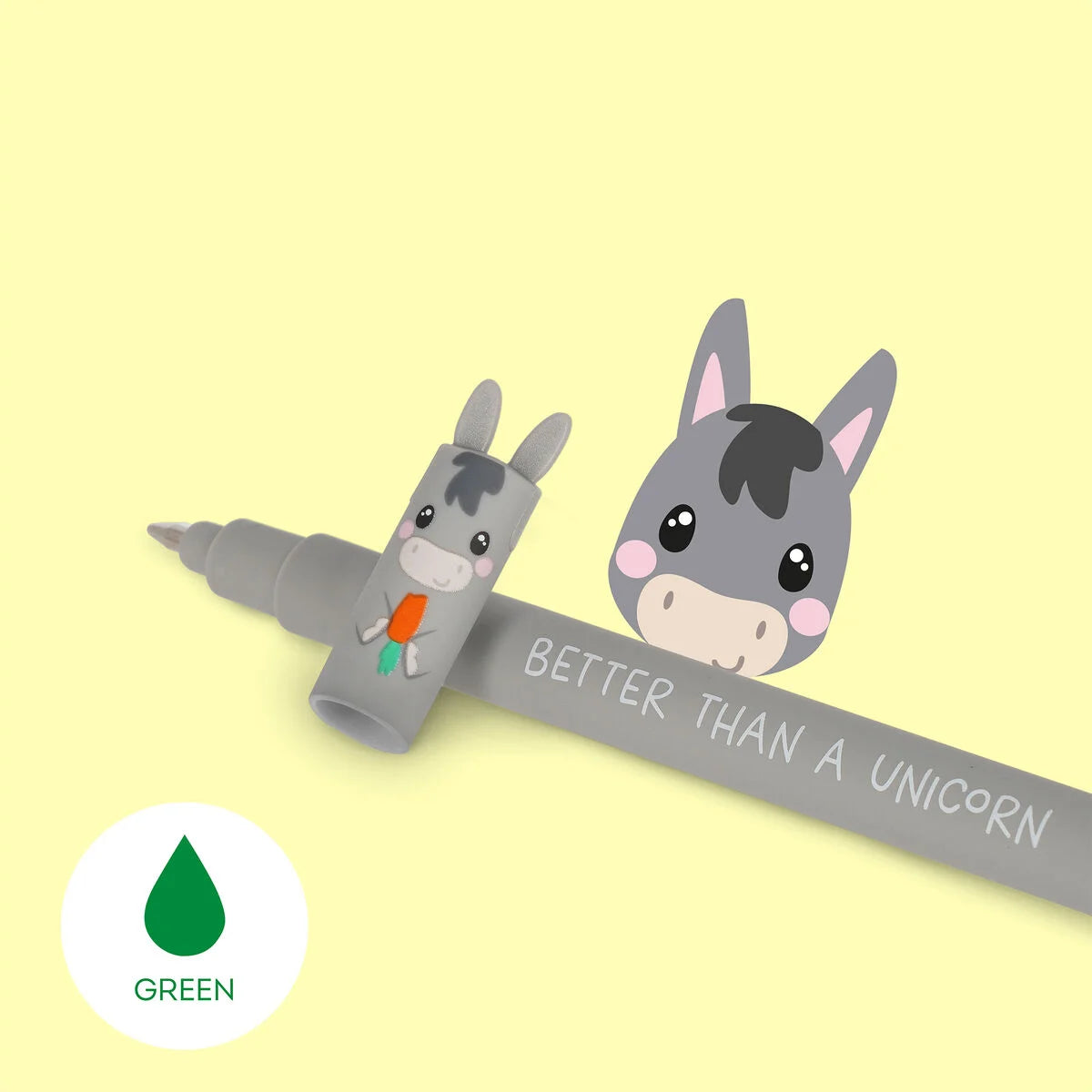 Legami erasable pen with a donkey design on a yellow background and 'Better Than A Unicorn' text.
