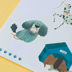 Londji illustrations of dogs tattoos on a piece of paper with a yellow background