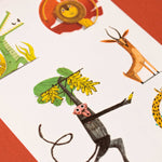 Londji colorful tattoos illustrations of animals on a white card with a red border
