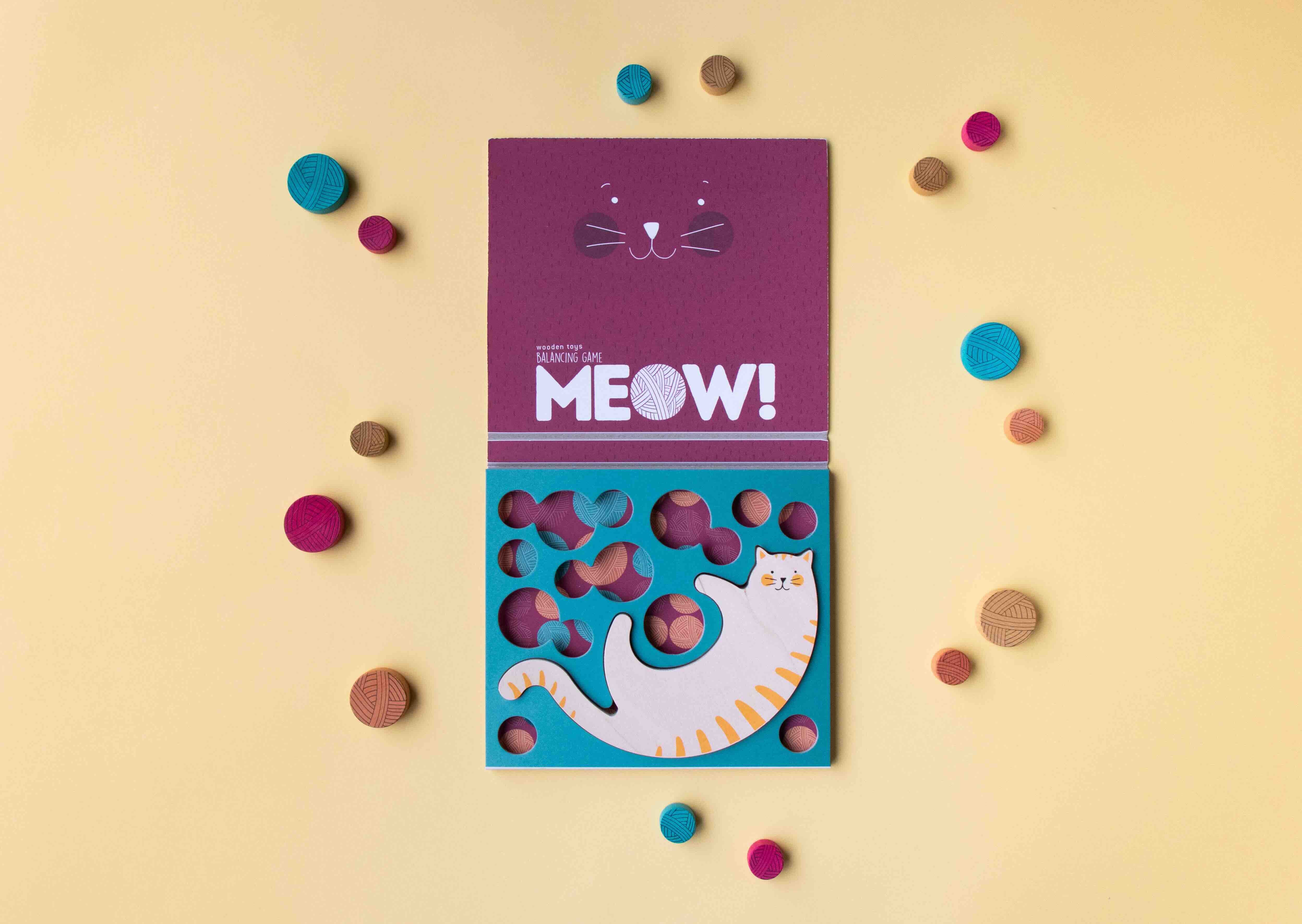 Londji meow product packaging with a cat illustration on a yellow background