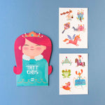 Londji tattoo set with princess designs, on a blue background