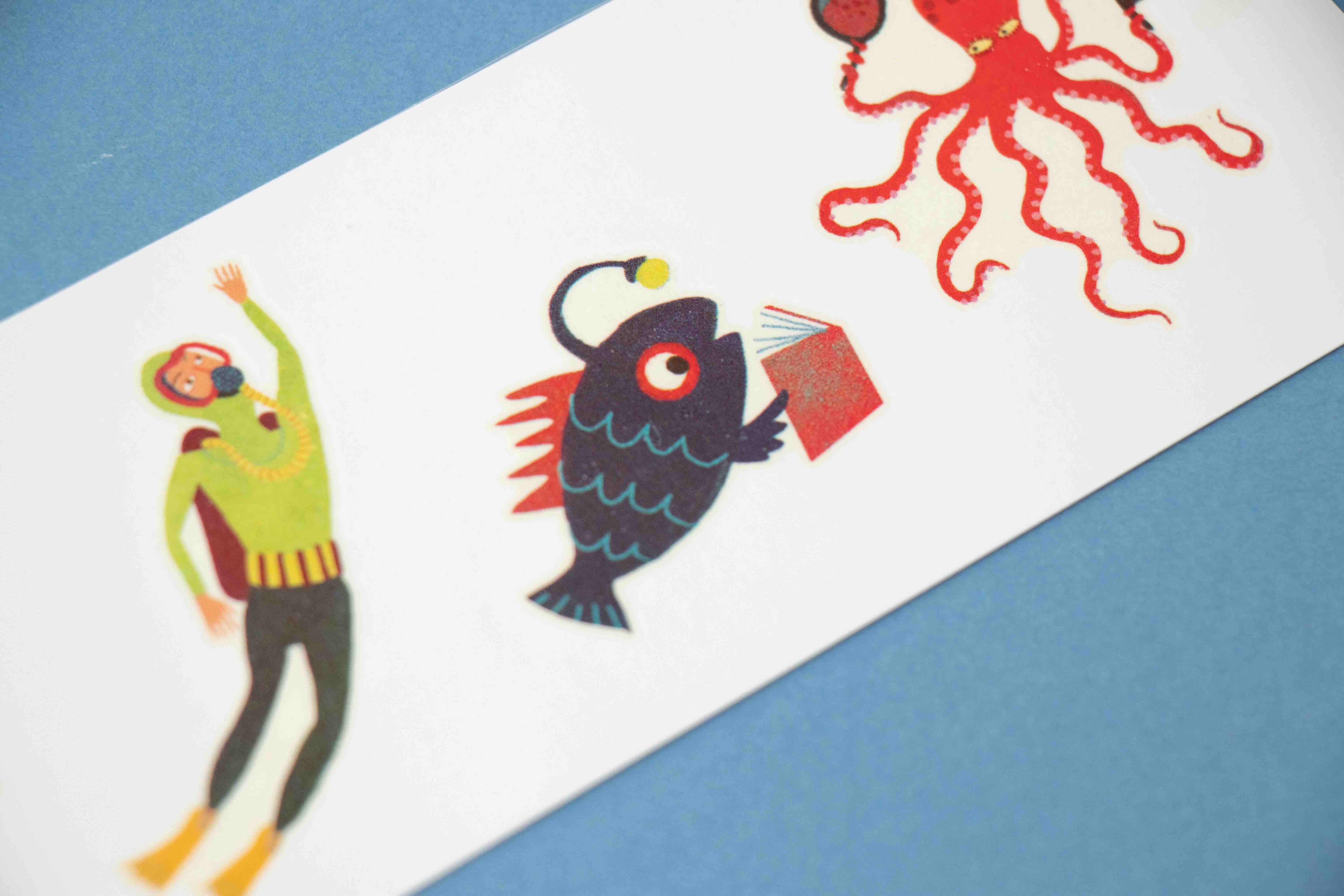 Londji tattoos of a diver, fish, and octopus on a striped background