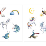 Londji set of tattoo illustrations including unicorns, rainbows, and fantasy creatures on a white background.