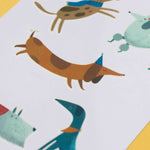 Londji tattoos of cartoon dogs on a white background with a yellow border