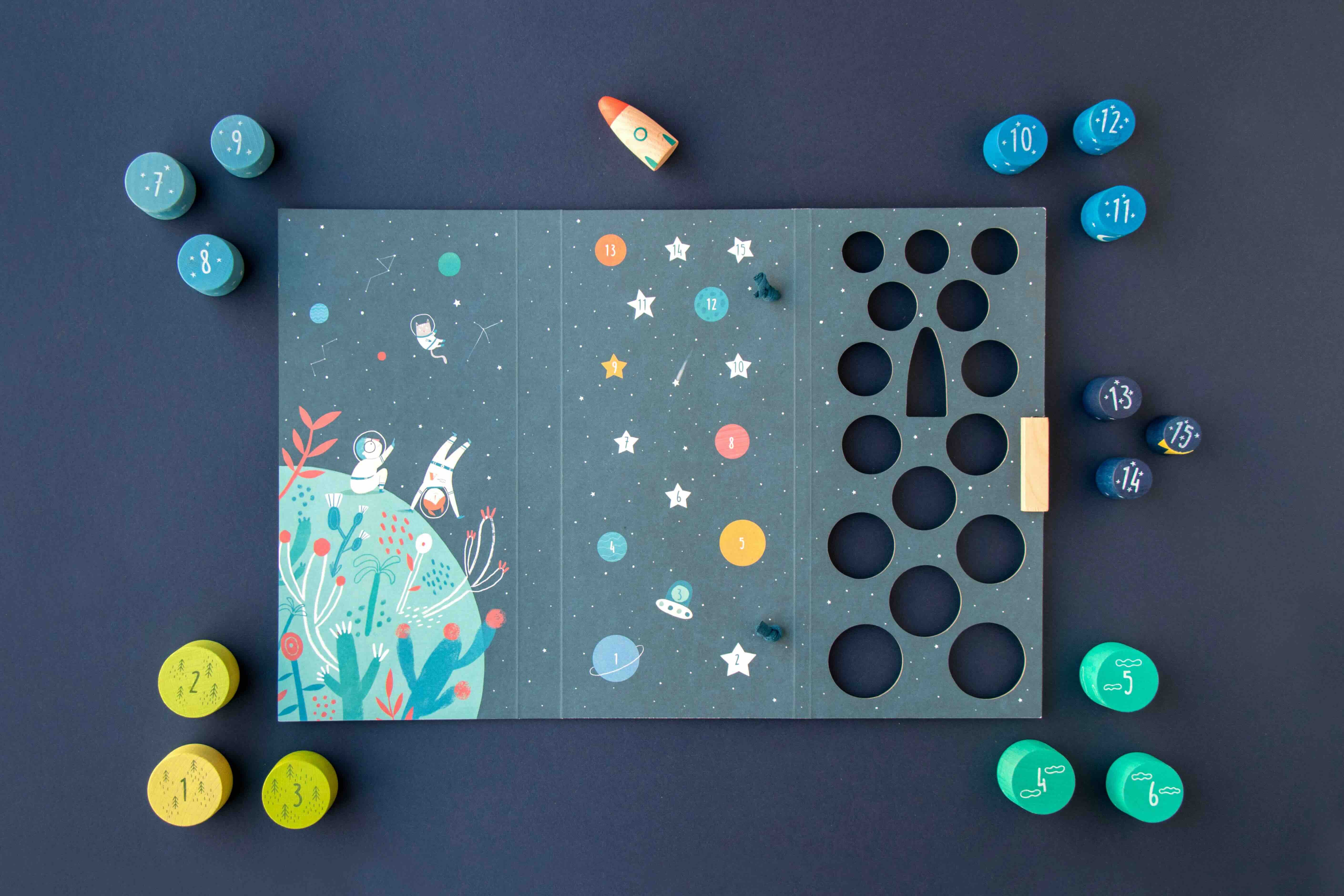 Londji children's educational board game with colorful pieces on a dark blue background