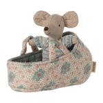 Maileg Baby Mouse in Carry Cot Blue in cot