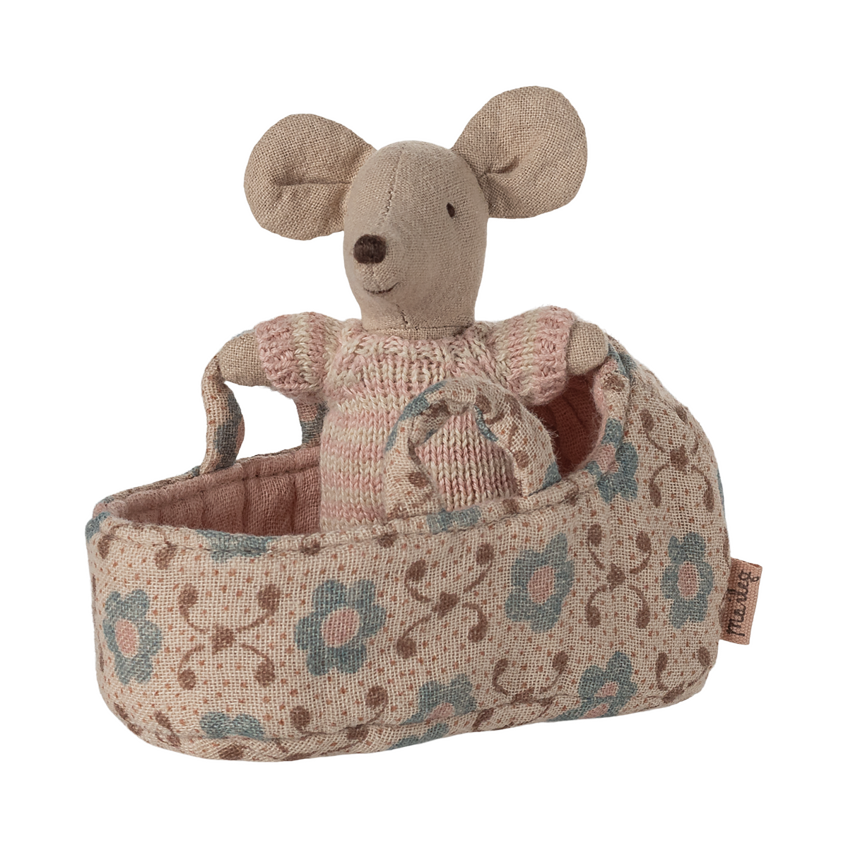 Maileg Baby Mouse in Carry Cot Rose in cot
