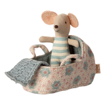 Maileg Carry Cot Baby Mouse Blue with mouse