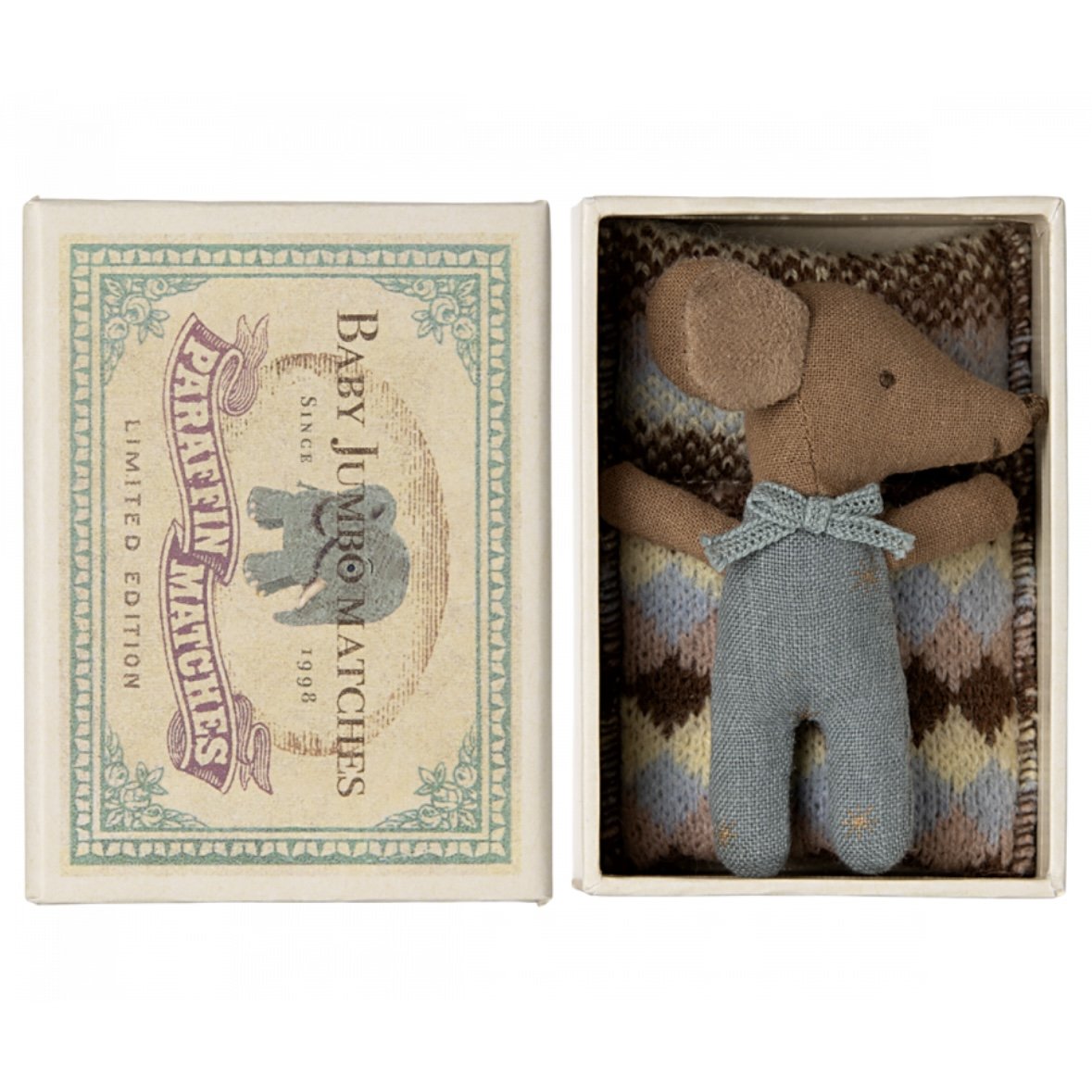 Maileg Sleepy Wakey Baby Mouse in Matchbox - Blue