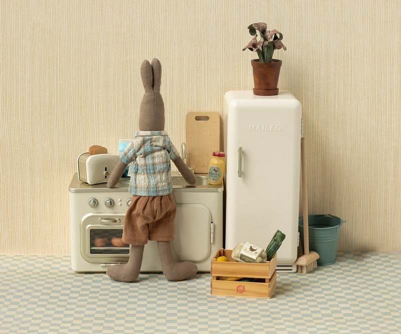 Maileg Miniature Toaster with Bread - Off White in kitchen with Maileg Rabbit