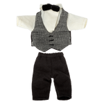Maileg mouse doll outfit featuring a houndstooth vest, white shirt, bow tie, and black trousers.