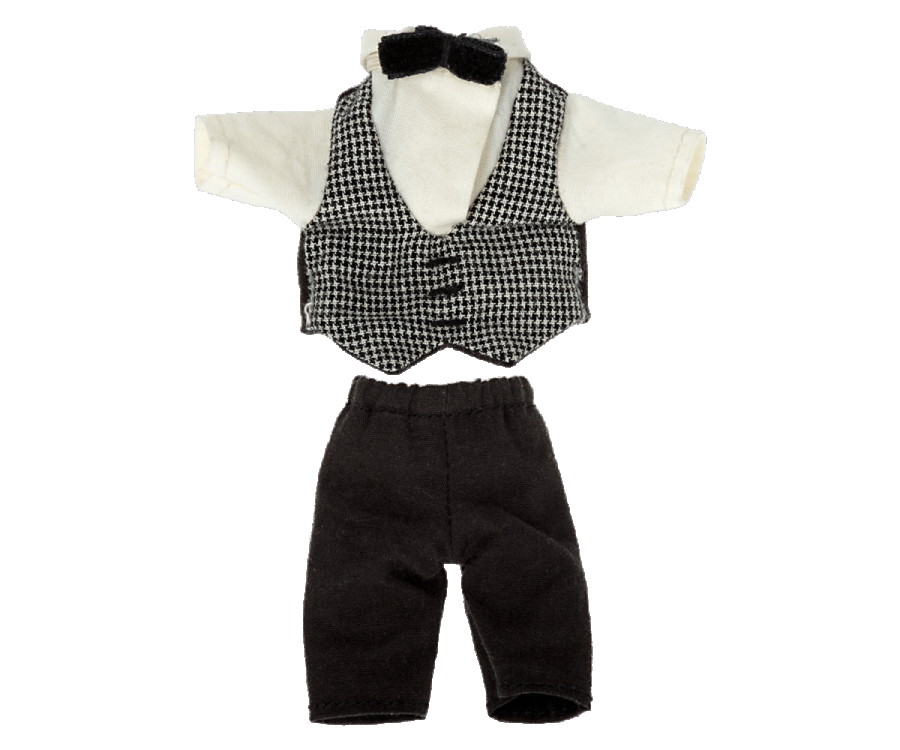 Maileg mouse doll outfit featuring a houndstooth vest, white shirt, bow tie, and black trousers.