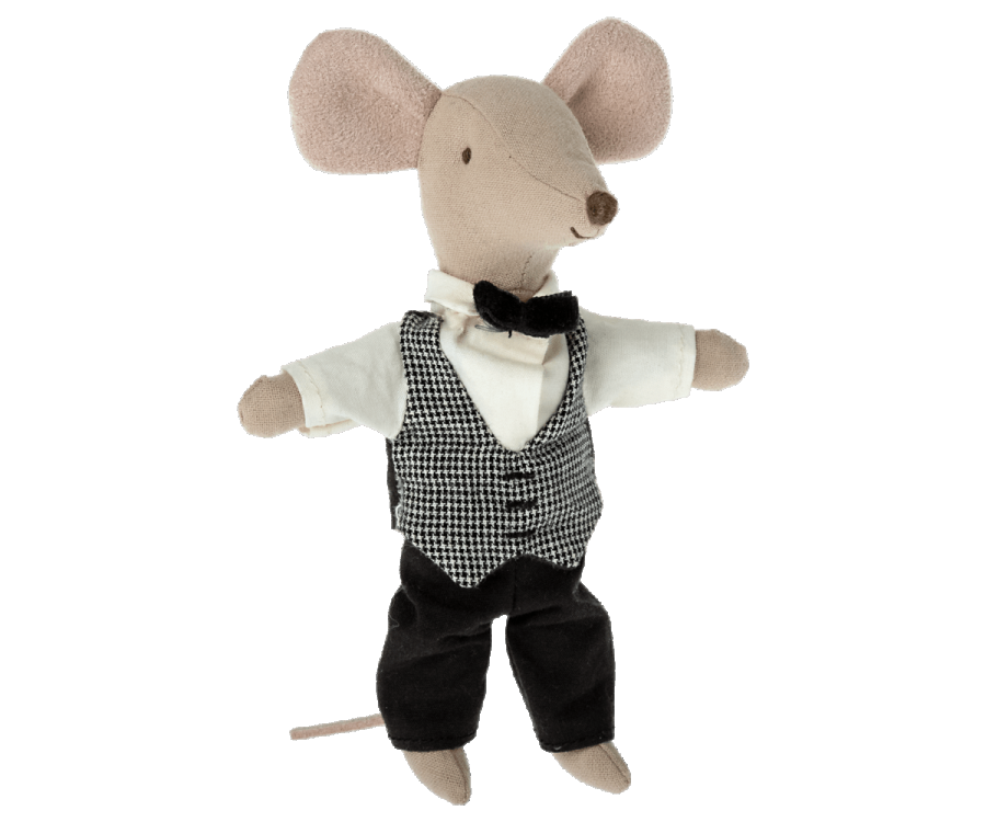 Maileg Mouse in tuxedo and waistcoat, a charming soft toy mouse from Little Wrens Nest.