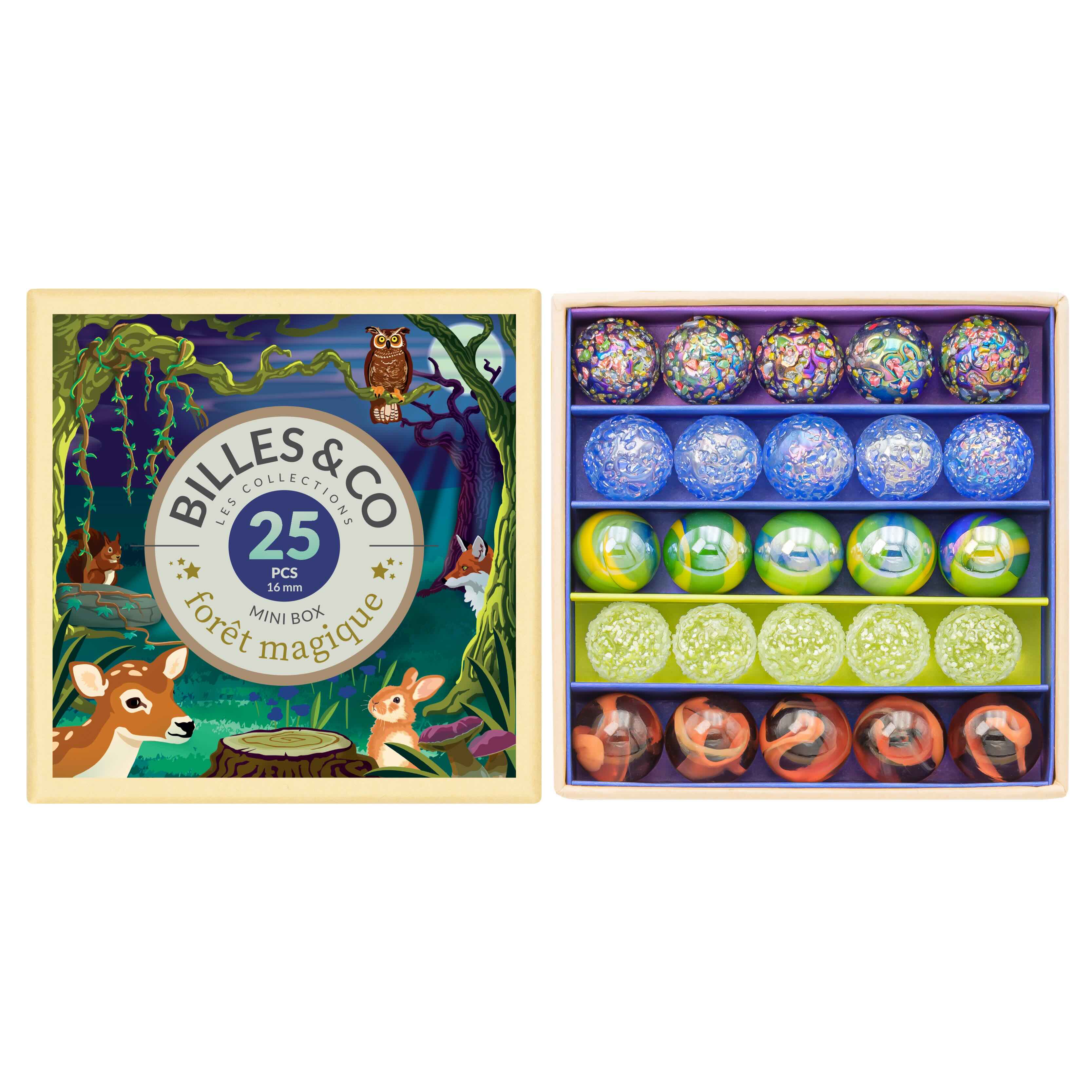 Billes & Co forest-themed marble set with colourful marbles in a decorative box