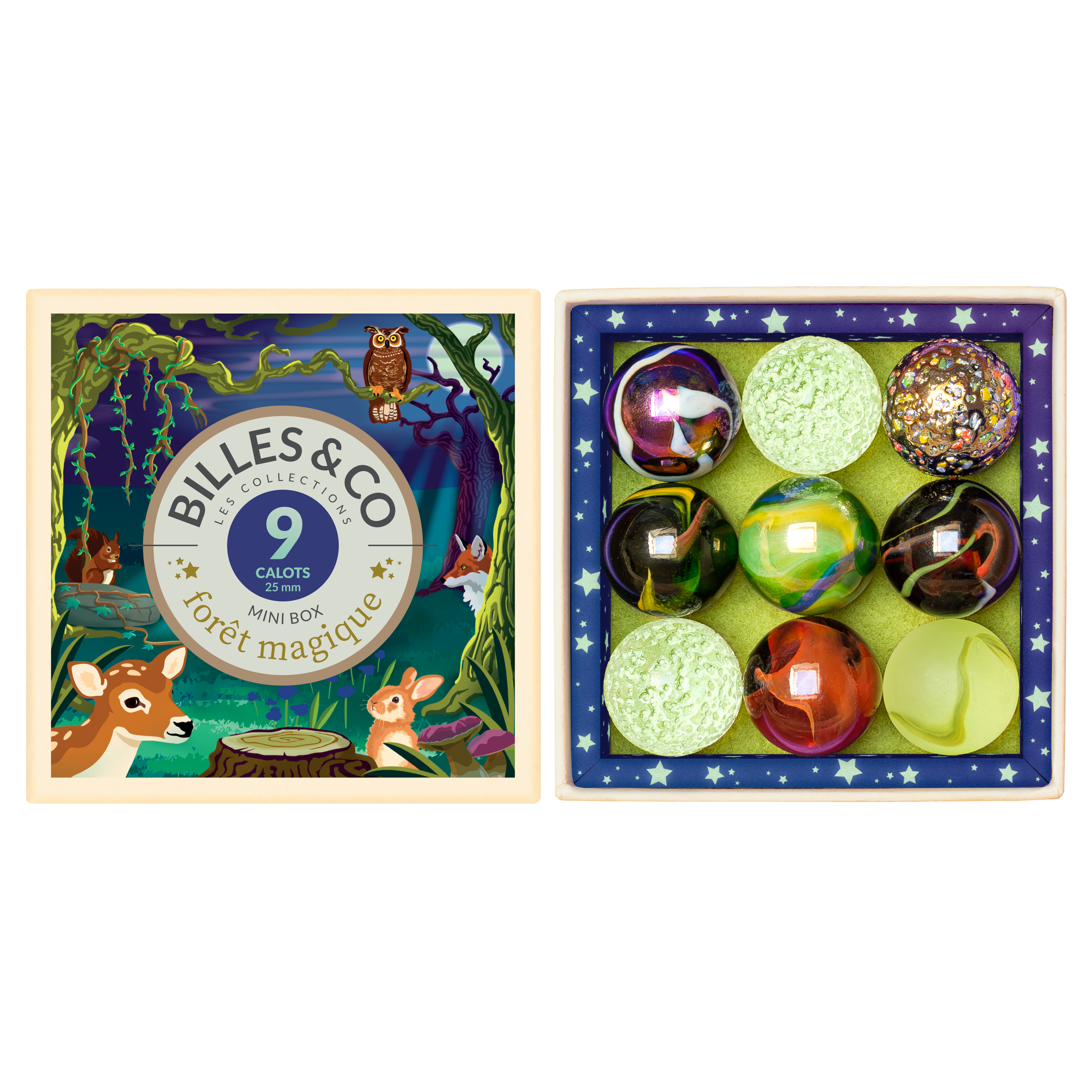 Box of colorful marbles with 'Billes & Co' branding on a white background
