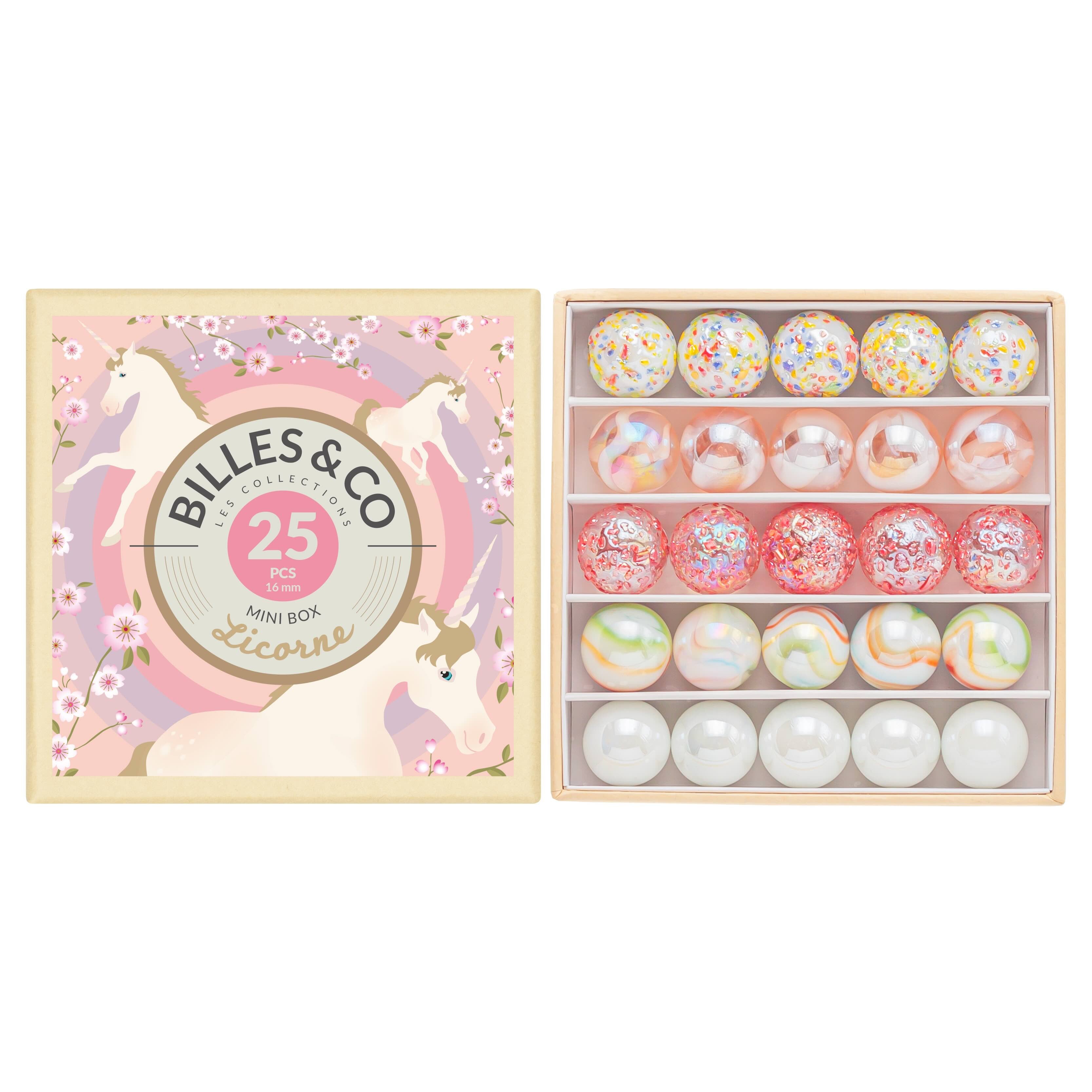 Billes & Co marble themed box with pink and white marbles 