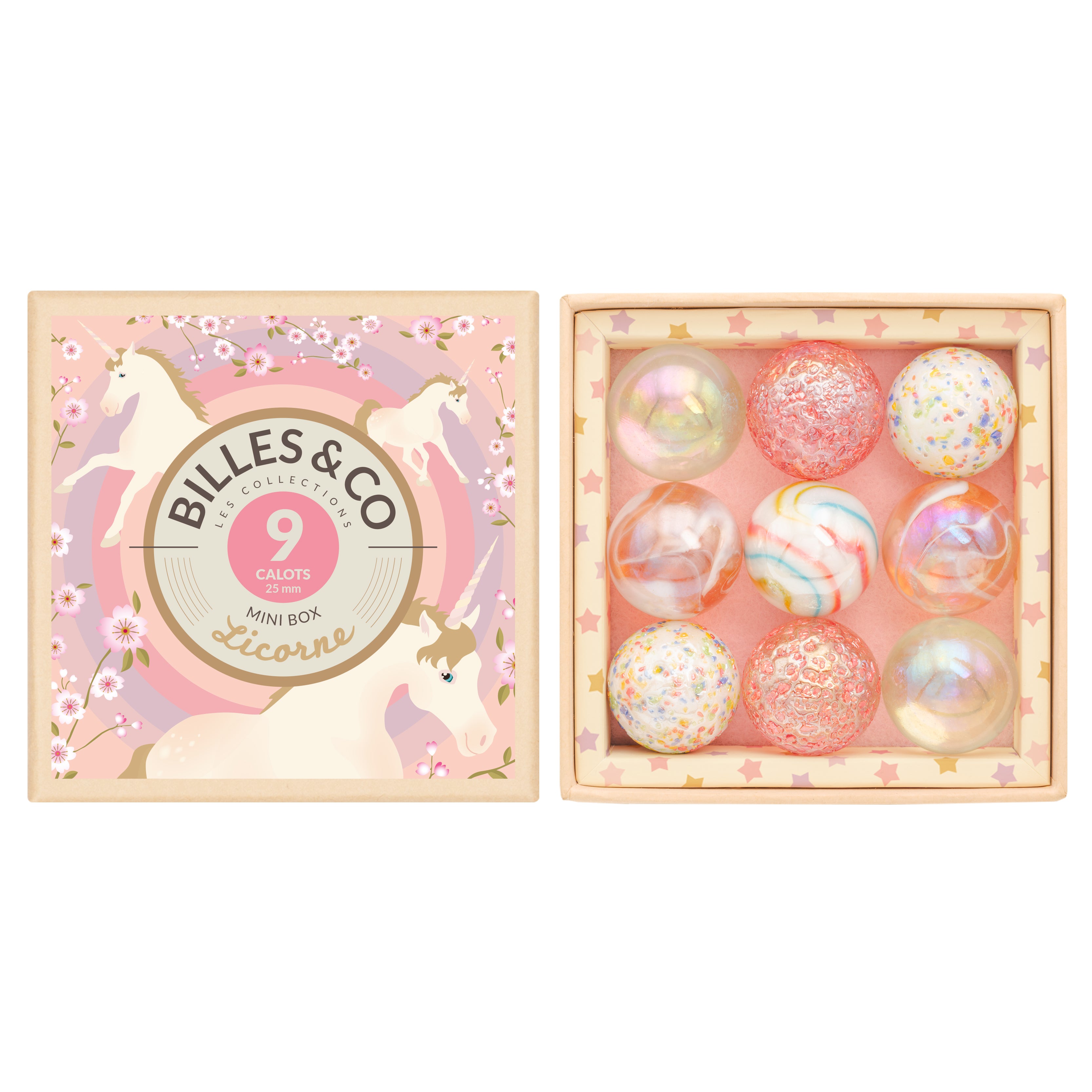 Billes & Co unicorn-themed marble set in a decorative box on a white background