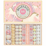 Billes & Co marble box with pink marbles inside and a unicorn design 