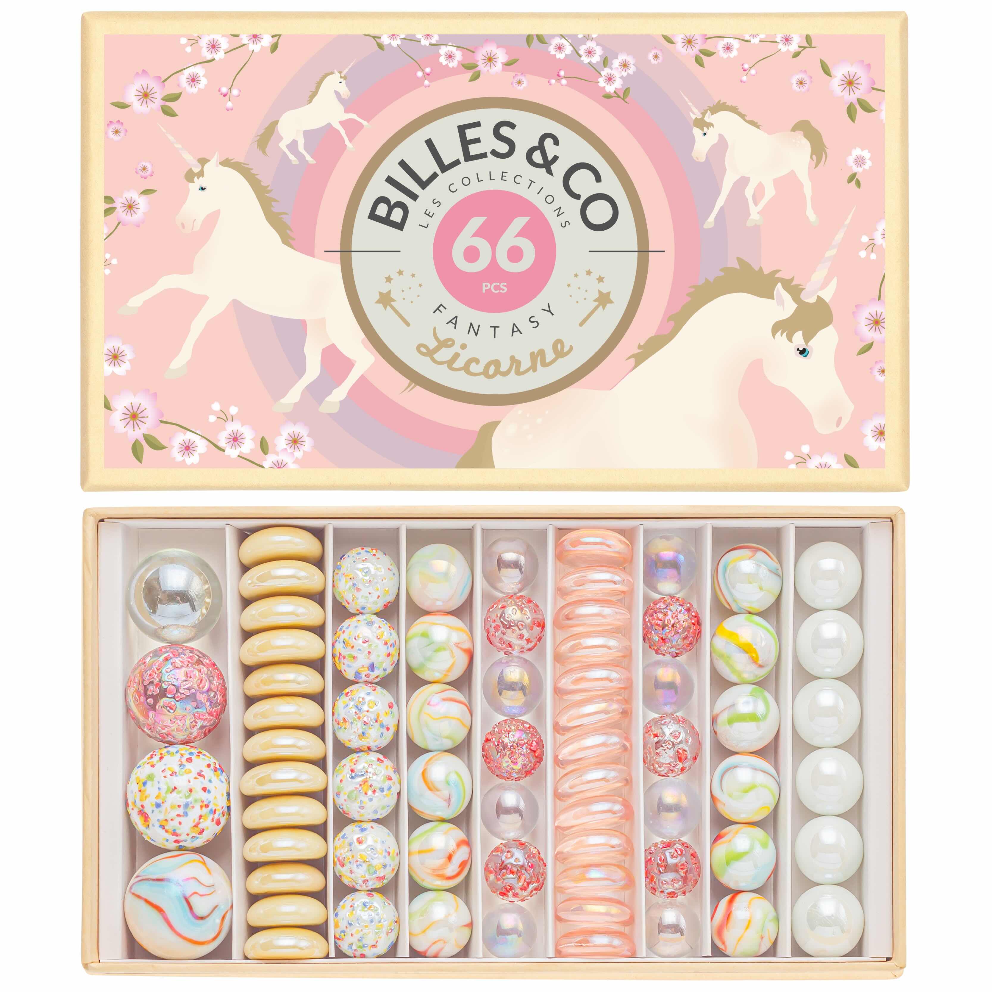 Billes & Co marble box with pink marbles inside and a unicorn design 