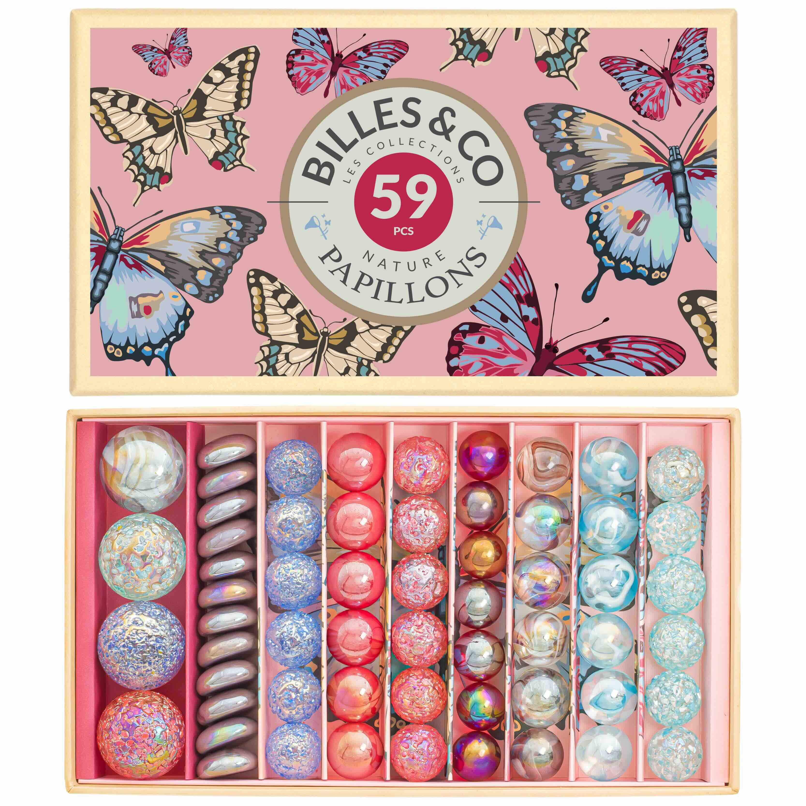 Billes & Co box of colourful marbles with butterfly designed box on a pink background