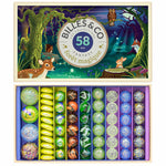 Box of Billes & Co fantasy forest marbles with colorful marbles inside