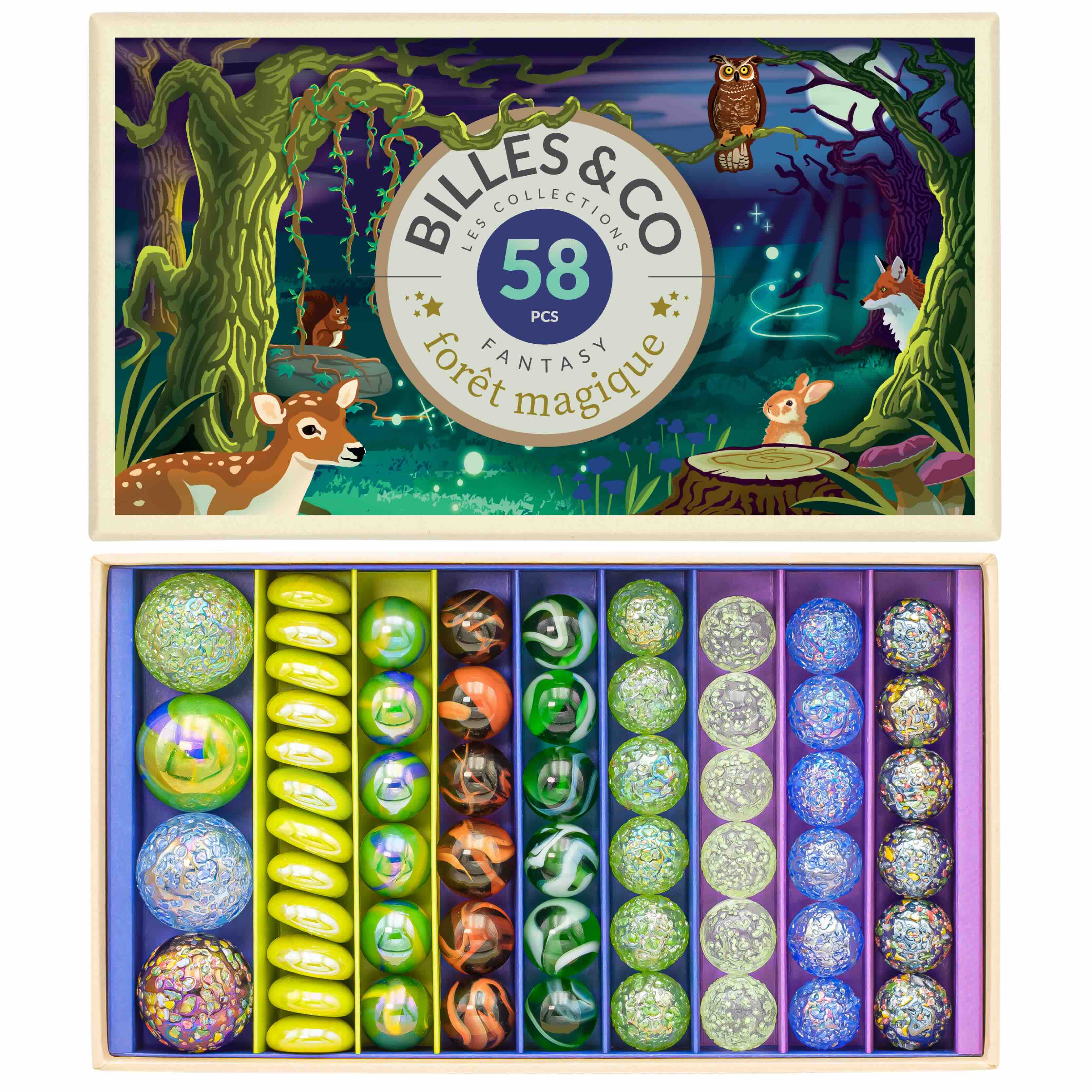 Box of Billes & Co fantasy forest marbles with colorful marbles inside