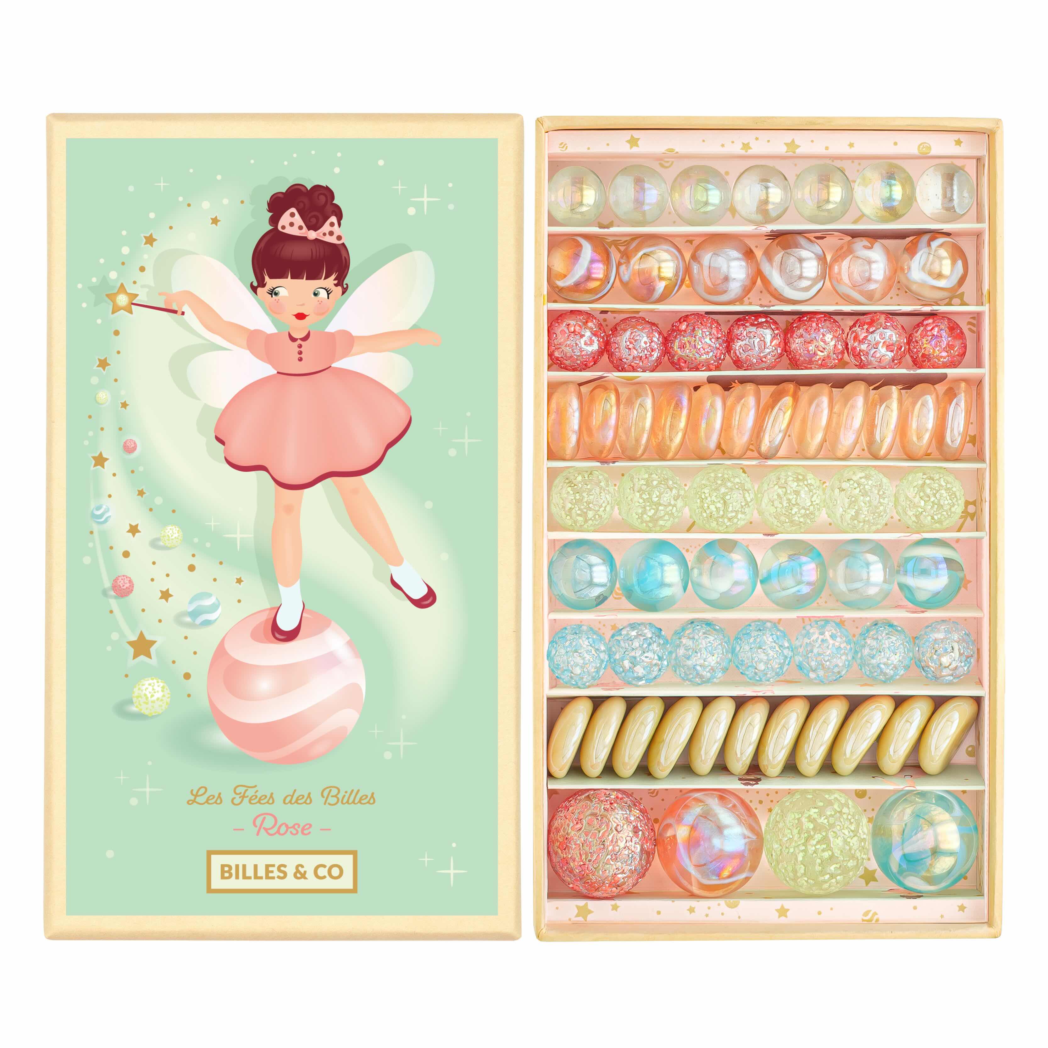 Billes & Co Fairy-themed marble box with colourful beads and a fairy illustration on a light green background