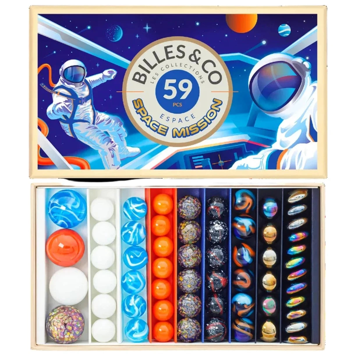 Billes & Co space-themed marble set with colorful marbles and an astronaut illustration on a blue background.