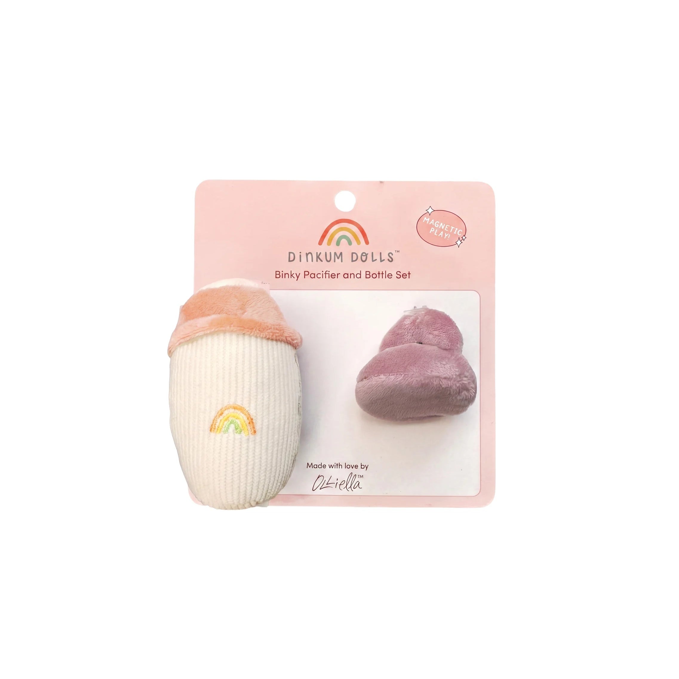 Baby pacifier and bottle set packaging with rainbow design on a white background