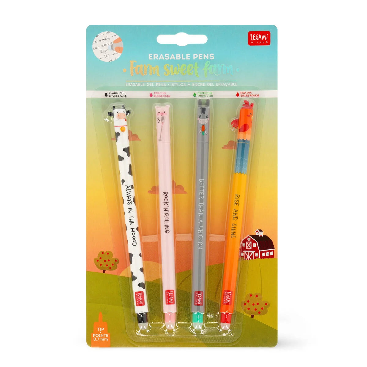 Legami pack of erasable pens with animal designs on a colorful packaging background