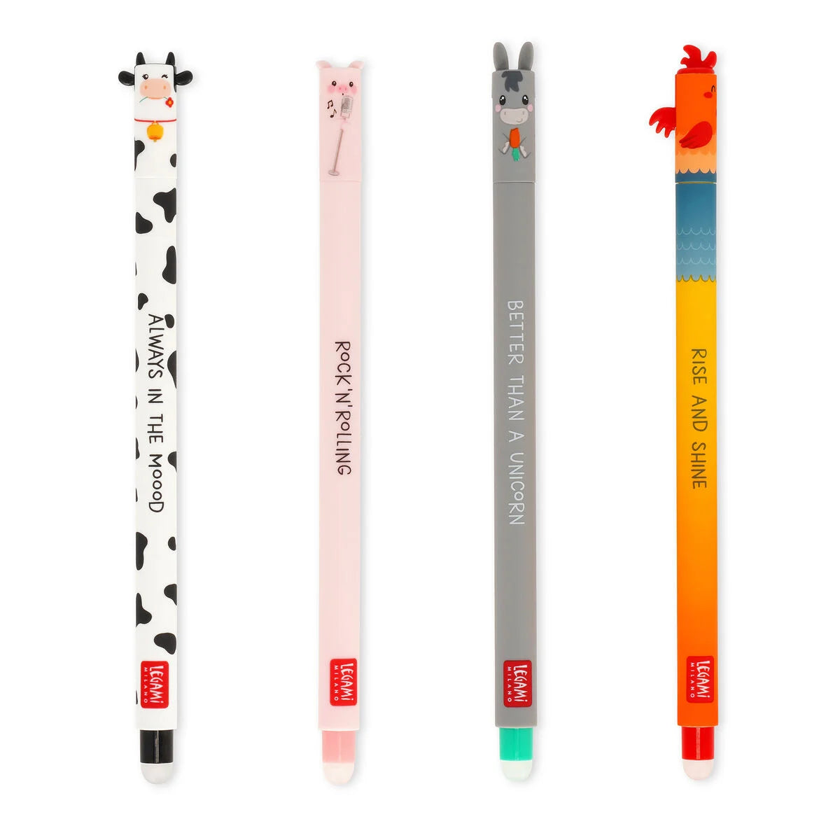 Legami four colorful erasable pens with animal-themed designs and text on a white background