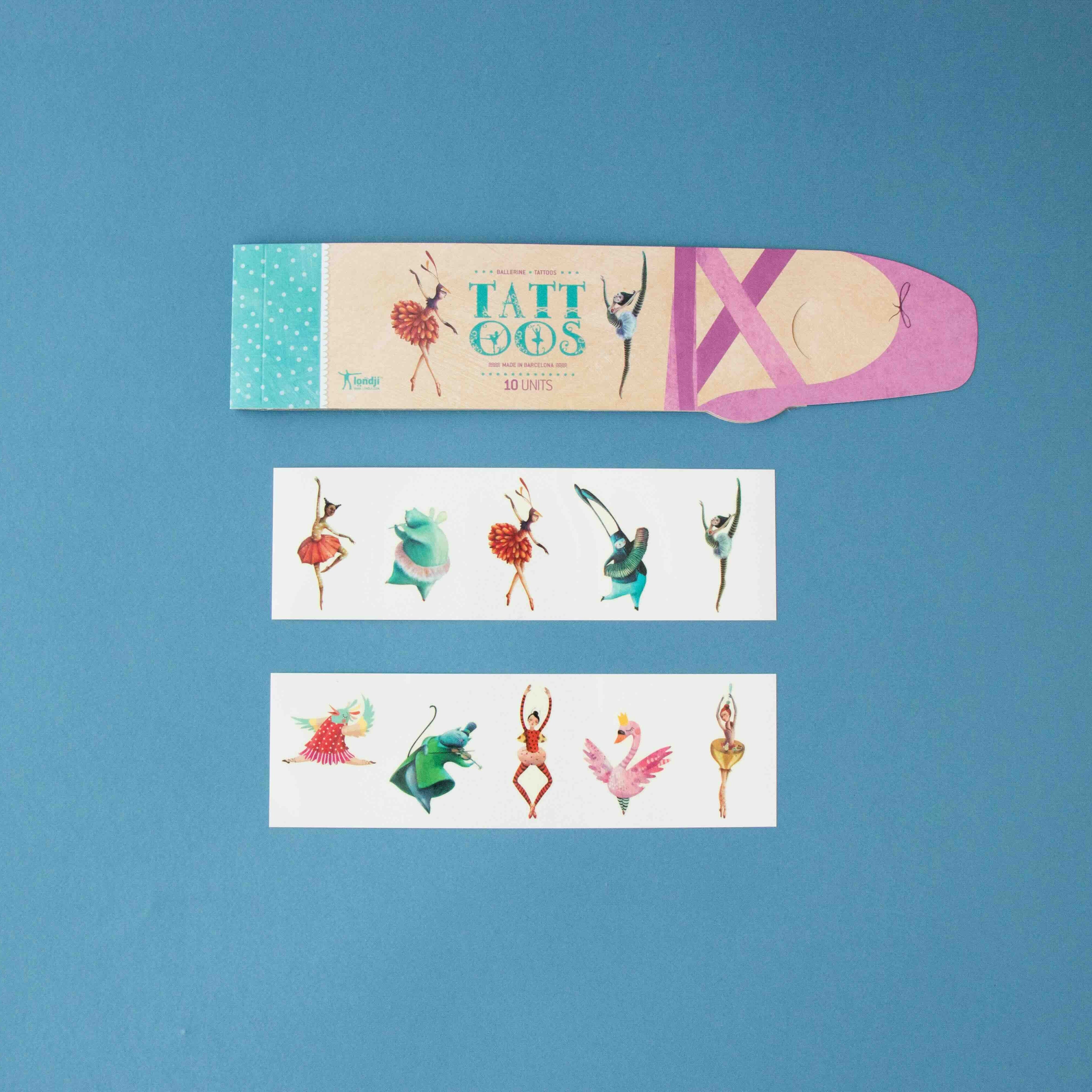 Londji set of dance-themed temporary tattoos on a blue background