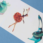 Londji colorful ballerina illustration tattoos on a blue and white striped background