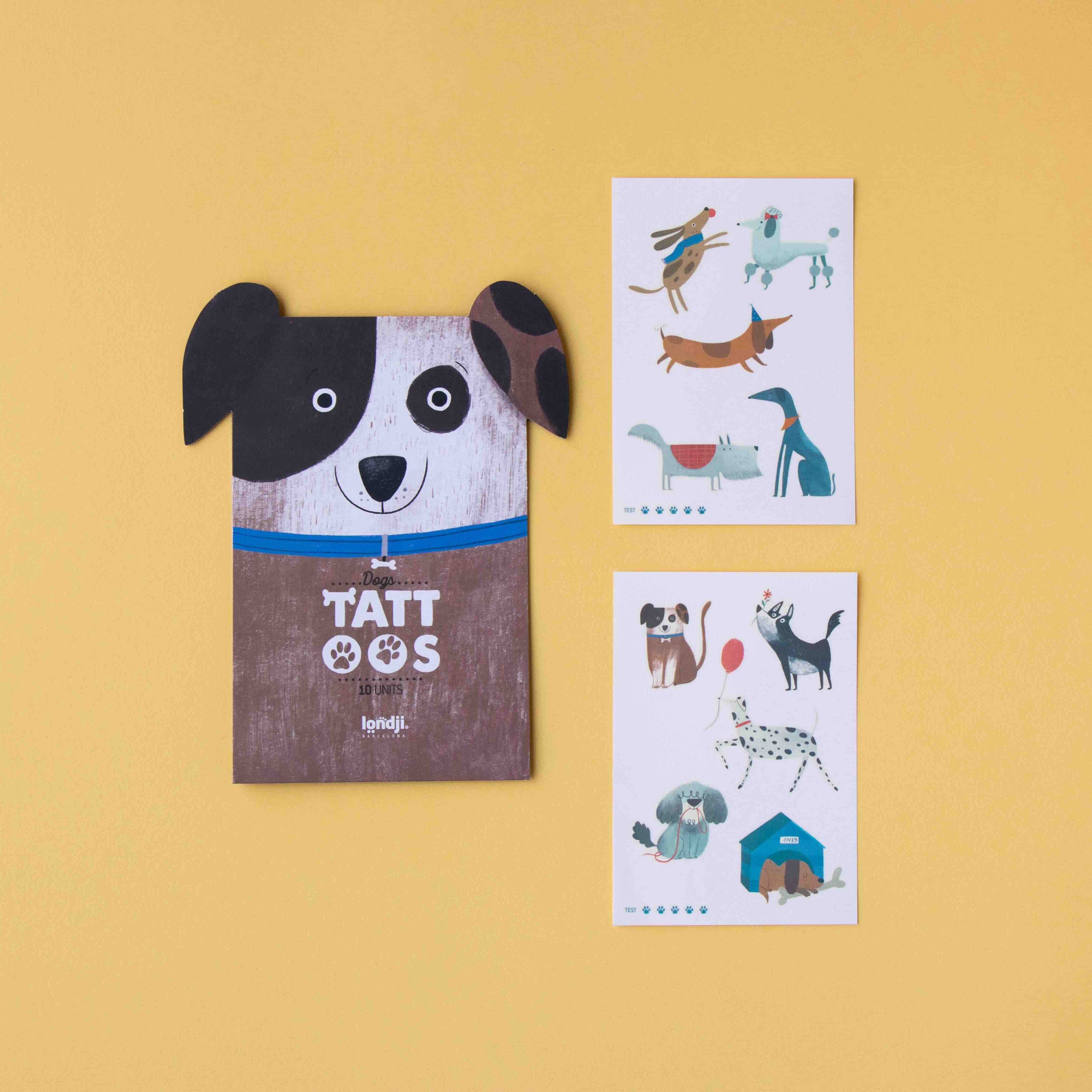 Londji dog-themed product packaging and tattoos on a yellow background