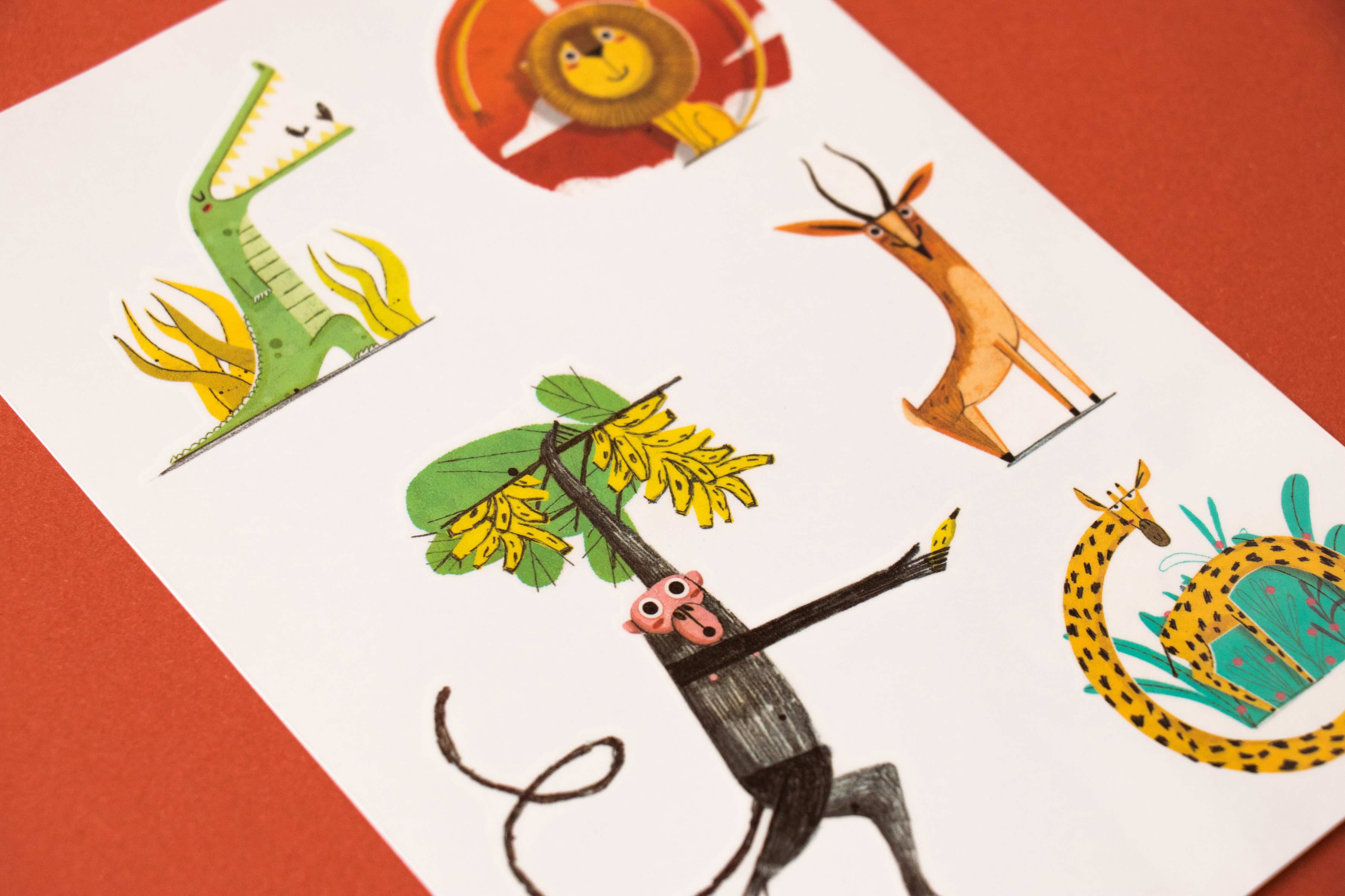 Londji colorful tattoos illustrations of animals on a white card with a red border