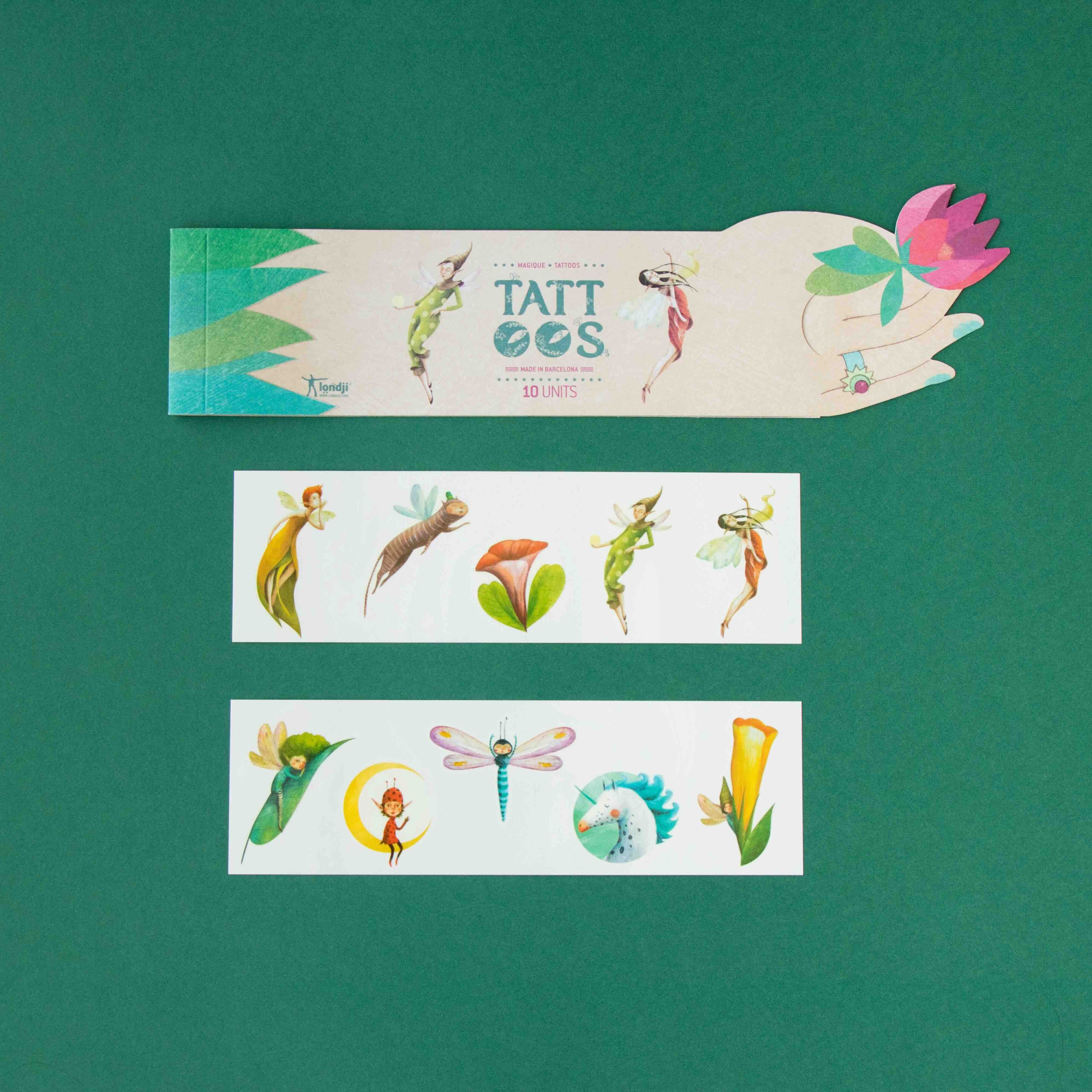 Londji tattoo sticker set with colorful designs on a green background