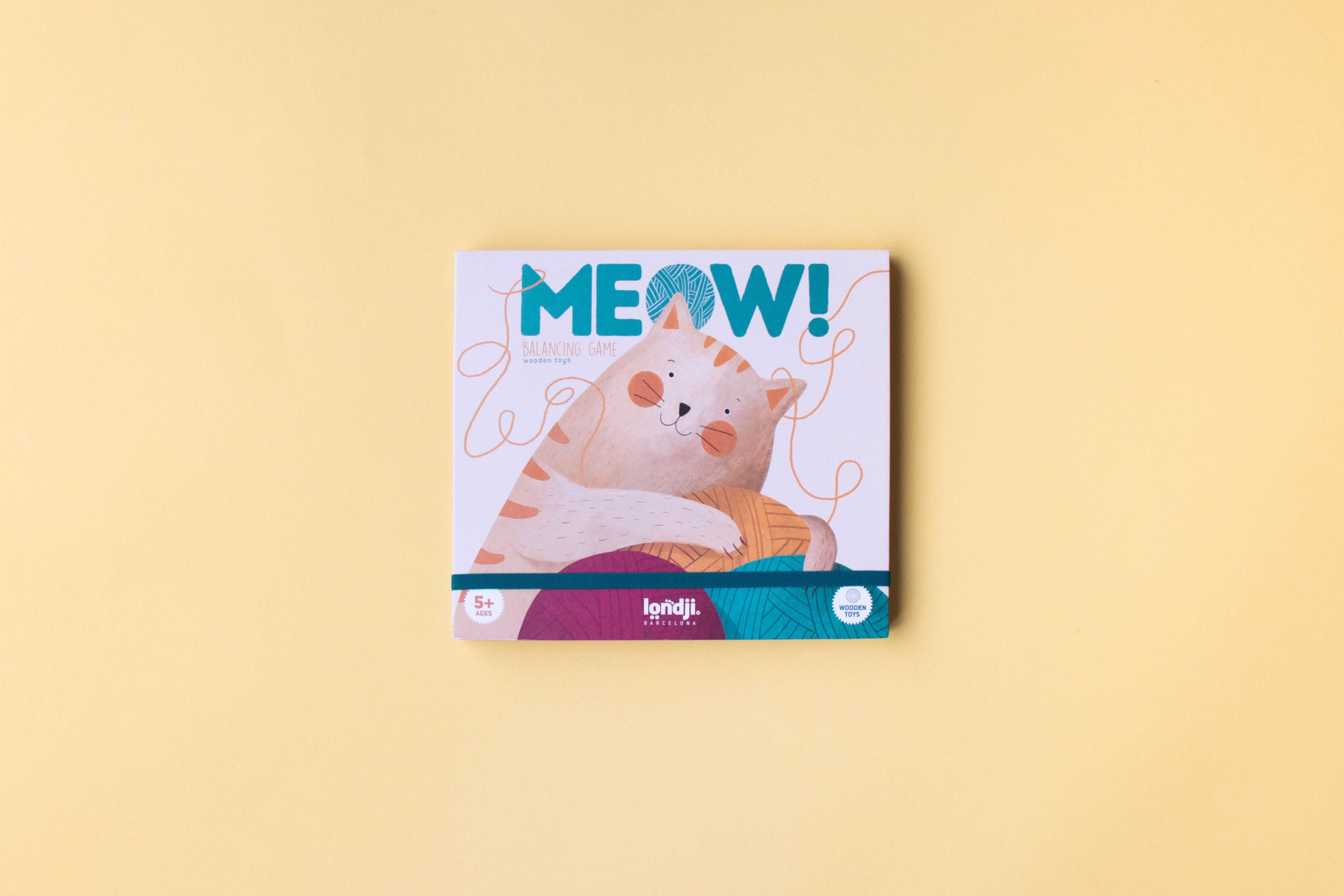 Londji meow product packaging with a cat illustration on a yellow background