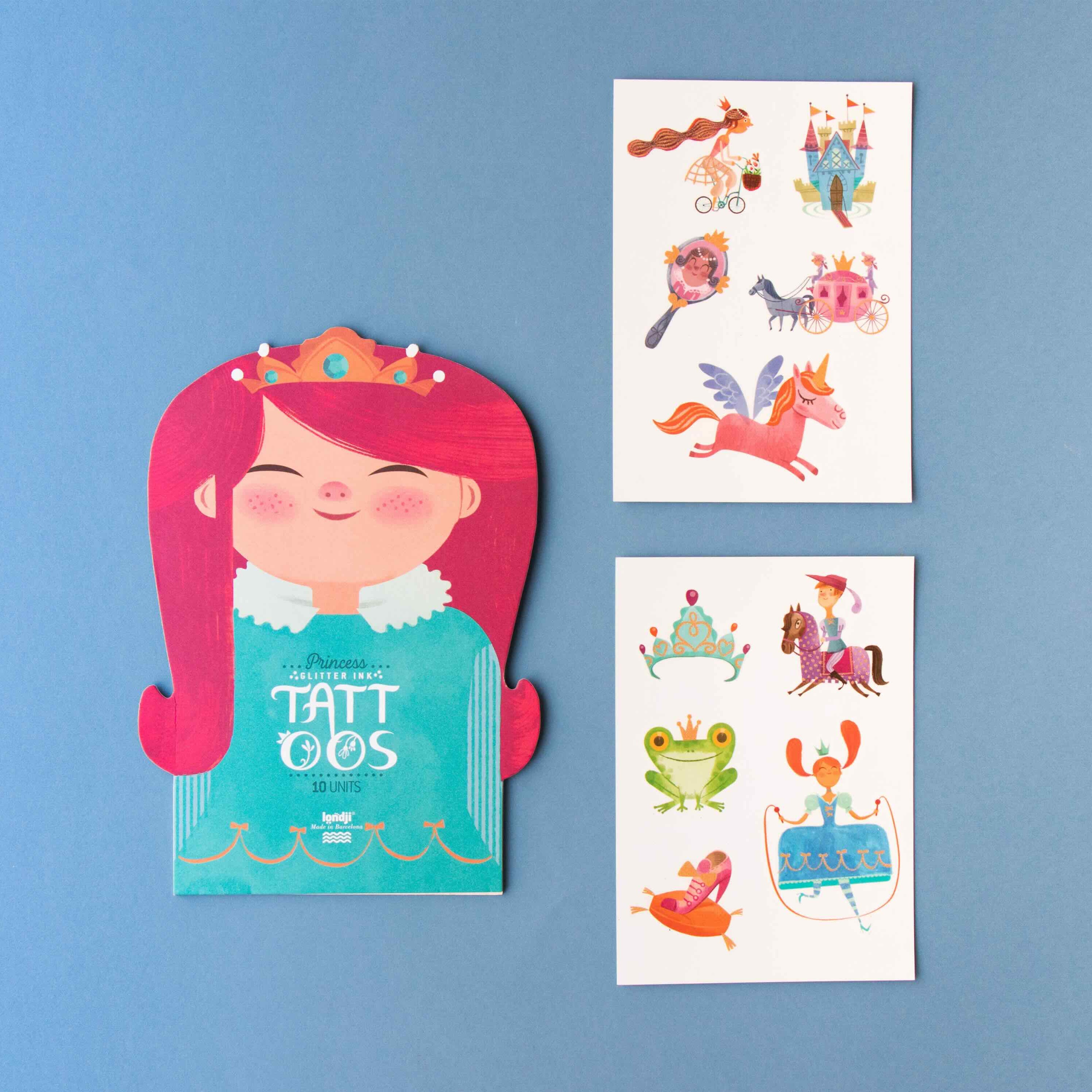 Londji tattoo set with princess designs, on a blue background