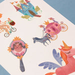 Londji colorful illustrations of a girl on a bike, castle, horse, and unicorn on a white sheet with blue background.