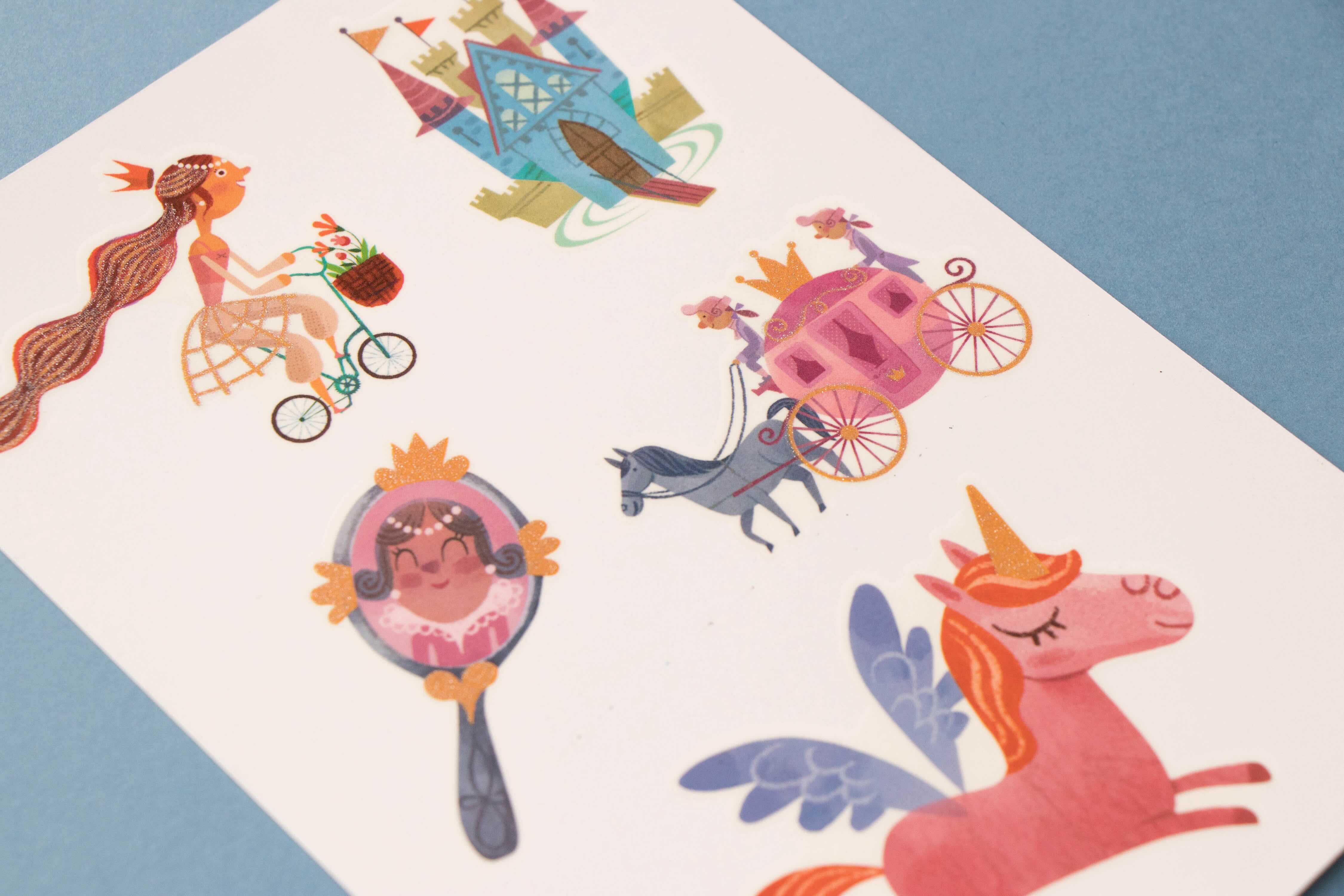 Londji colorful illustrations of a girl on a bike, castle, horse, and unicorn on a white sheet with blue background.