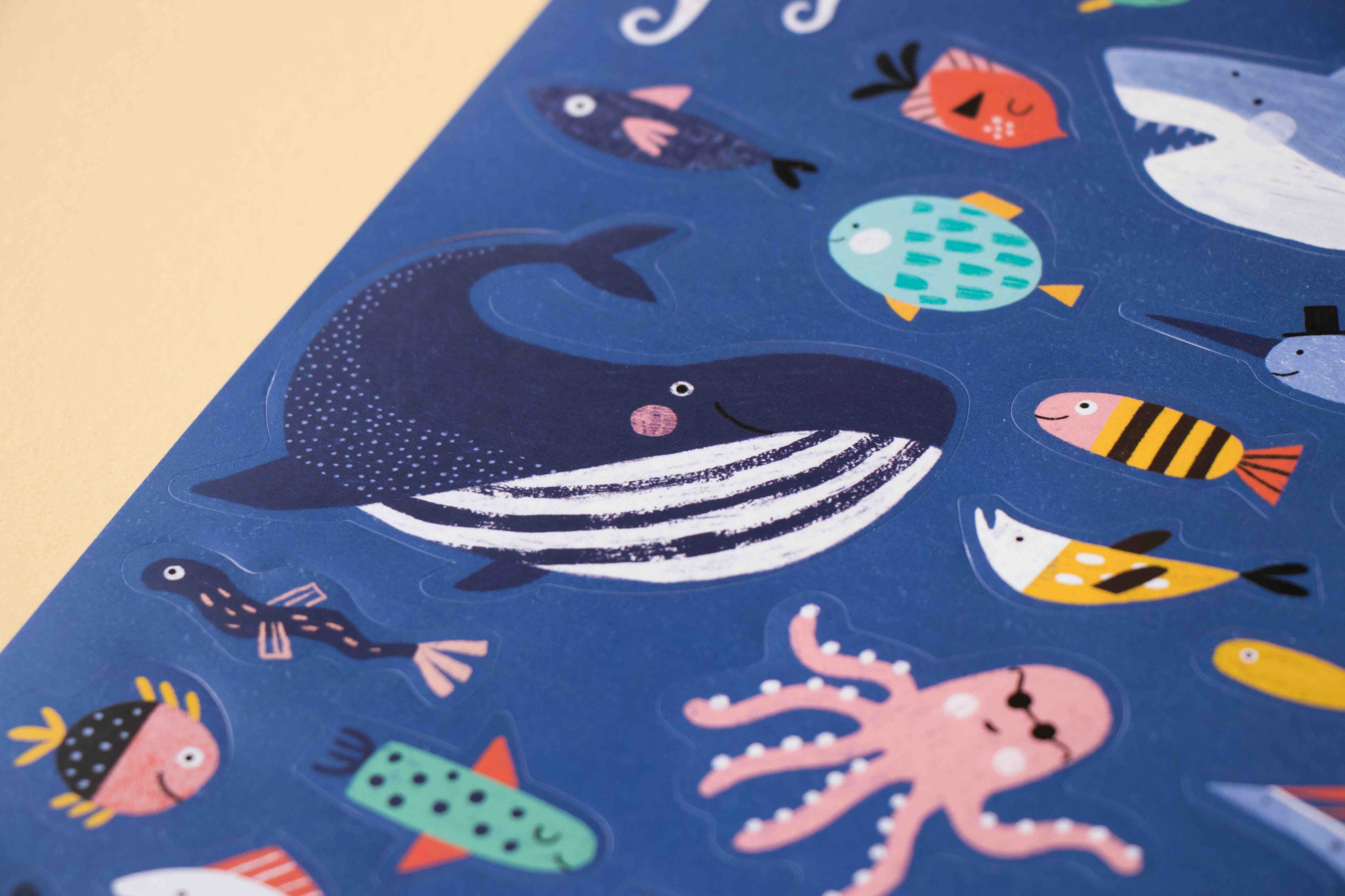 Londji stickers of colorful sea creature illustrations on a blue background