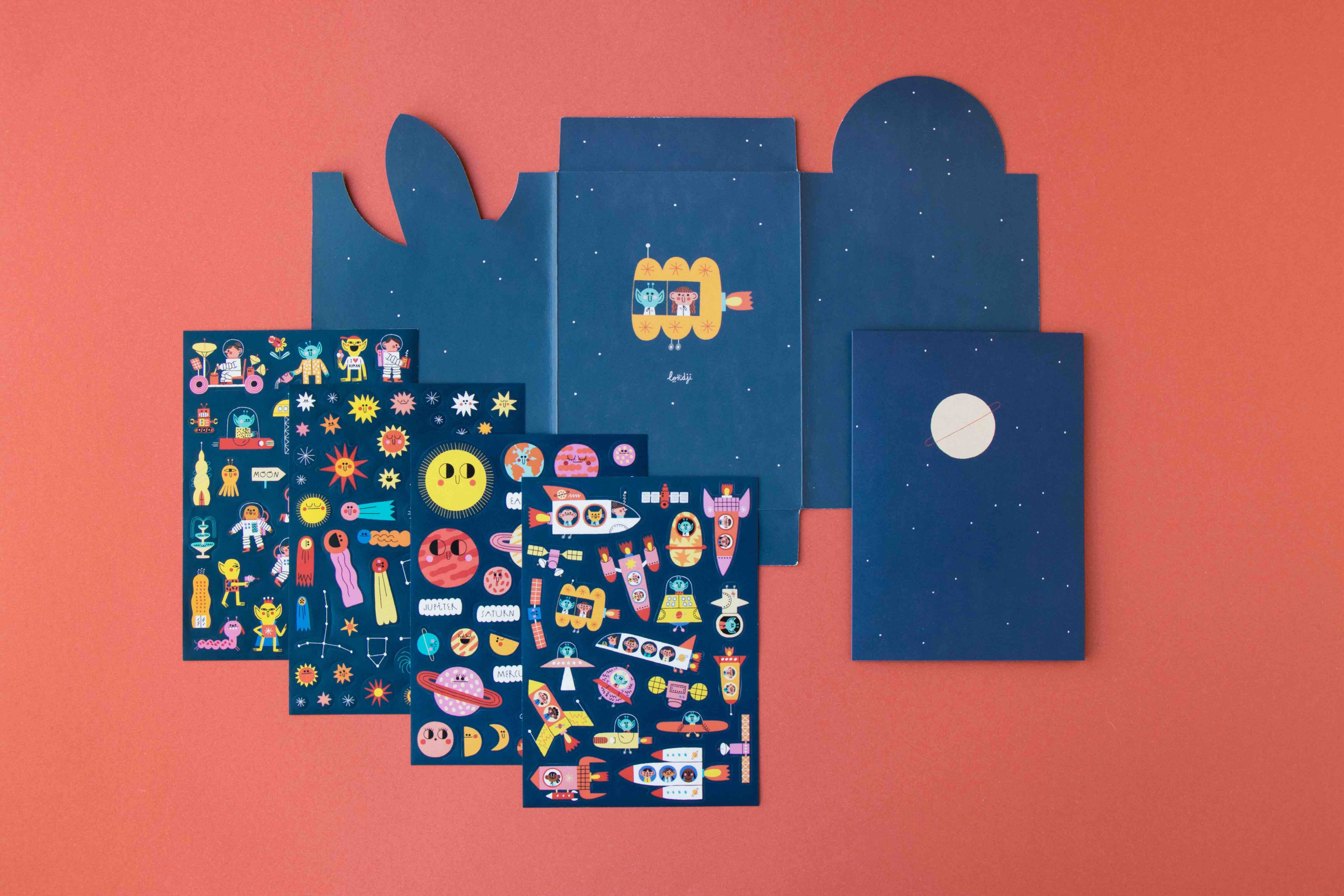Londji set of colorful space stickers on a red background