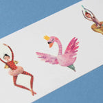 Londji colorful temporary tattoos of a flamingo and a ballerina on a white card with a blue background.