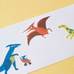 Londji colourful dinosaur tattoos illustrations on a white background with a yellow border.