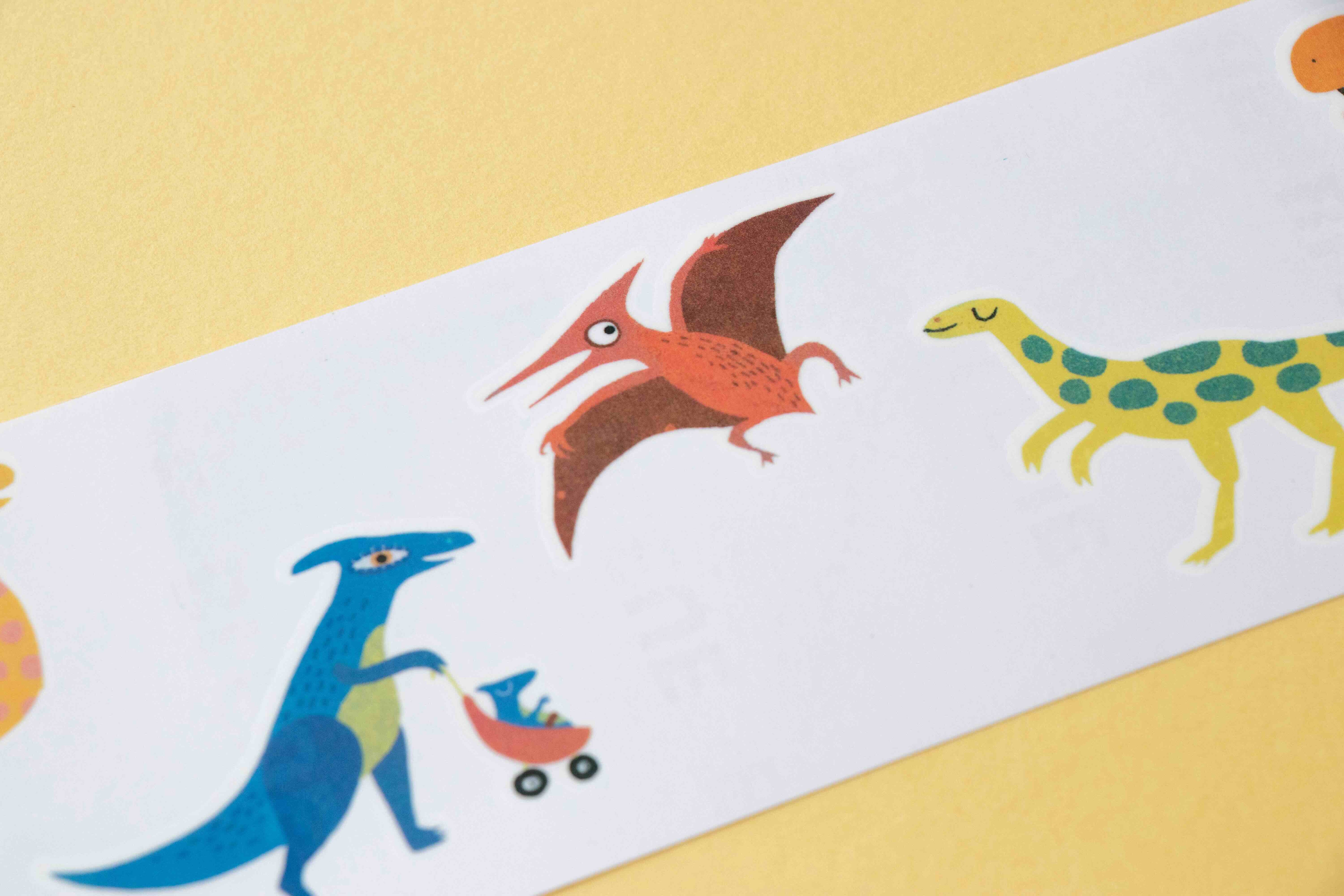 Londji colourful dinosaur tattoos illustrations on a white background with a yellow border.
