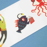 Londji tattoos of a diver, fish, and octopus on a striped background