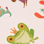Londji colorful illustration of a frog with a crown, a horse, and a child on a white background.